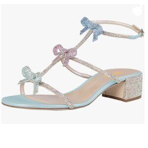 XYD Light Blue Multi Gladiator Rhinestone Crystals Block Heels Open Toe Sandals